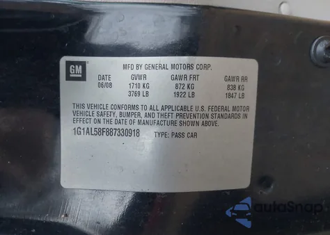 2008 Chevrolet Cobalt Lt from USA, damaged, VIN 1G1AL58F887330918